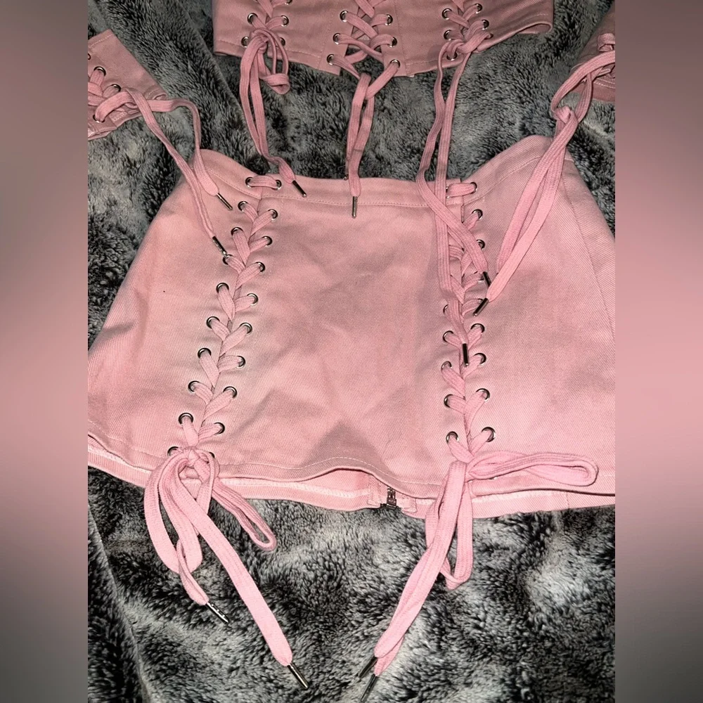 Dolls Kill Club Exx Levels Unlocked Twill Lace Up Crop Top and Skirt Set - Picture 5 of 7